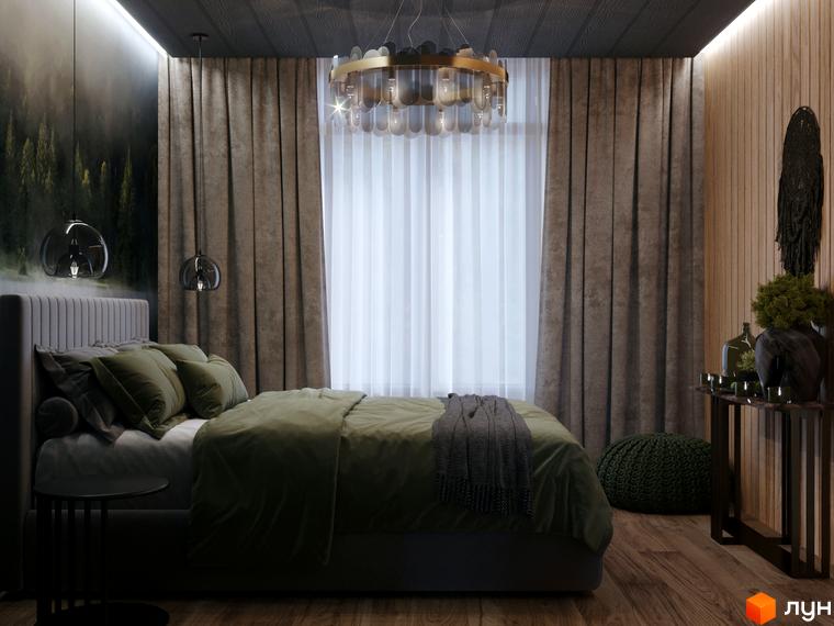 Інтер'єр спальні в житловому комплексі КМ GORDO RESIDENCE з приглушеним освітленням та елегантними меблями. Затишна атмосфера для відпочинку та сну.