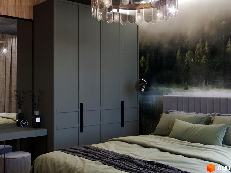Інтер'єр спальні в житловому комплексі КМ GORDO RESIDENCE з великою шафою та ліжком на тлі мальовничого пейзажу.