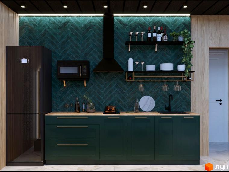 Інтер'єр кухні в сучасному стилі з темно-зеленими шафами, дерев'яною стільницею та бірюзовою плиткою на стіні. На кухні розташована техніка та посуд.