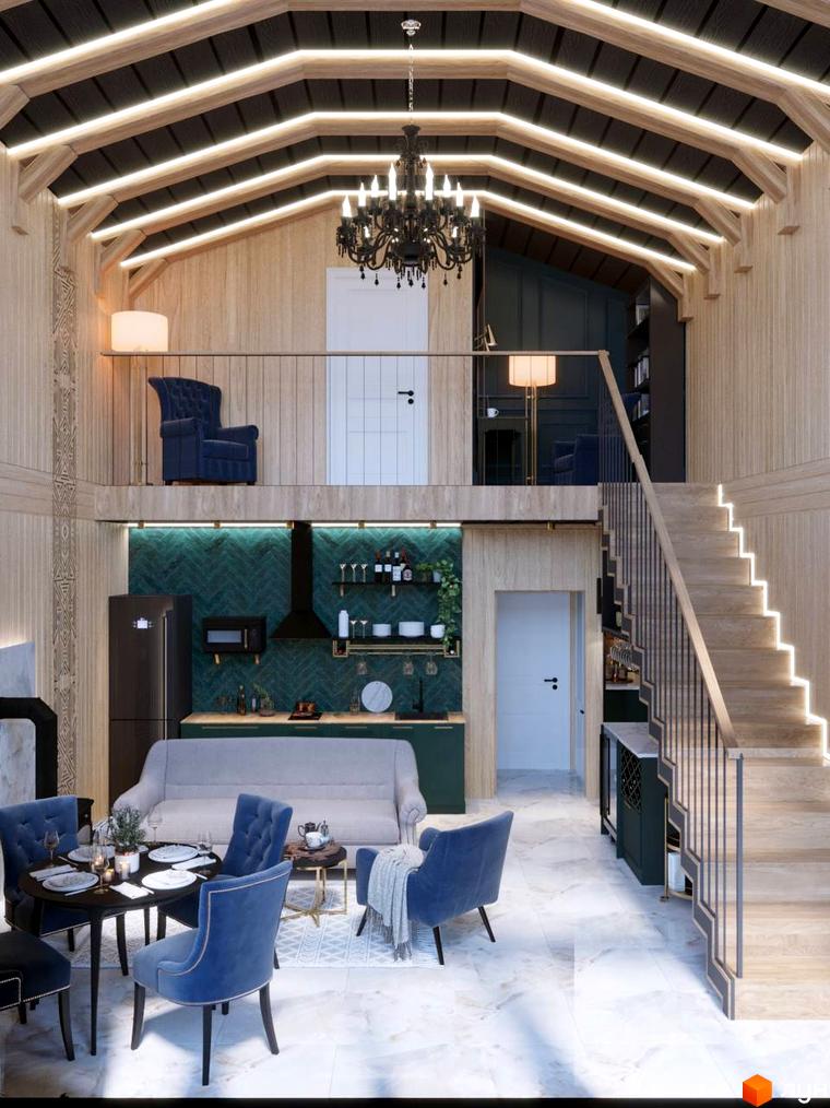 Інтер'єр двоповерхового будинку з дерев'яними балками та світлодіодним освітленням, синіми кріслами та кухнею.