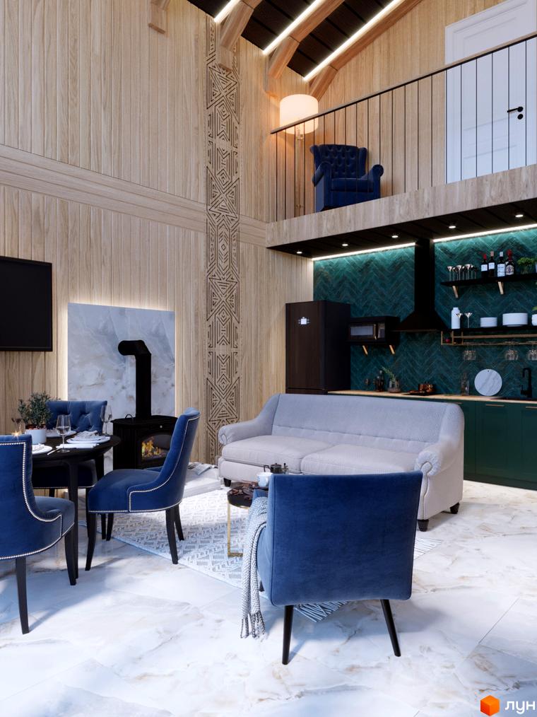 Інтер'єр вітальні з каміном та кухні в житловому комплексі КМ GORDO RESIDENCE. Сучасний дизайн з дерев'яними елементами та синіми акцентами.