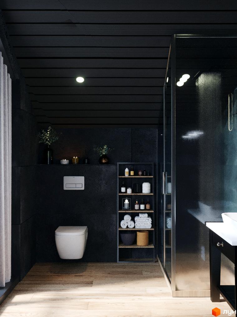 Дизайн ванної кімнати у чорних тонах з підвісним унітазом та душовою кабіною. Сучасний інтер'єр ванної кімнати у новобудові.