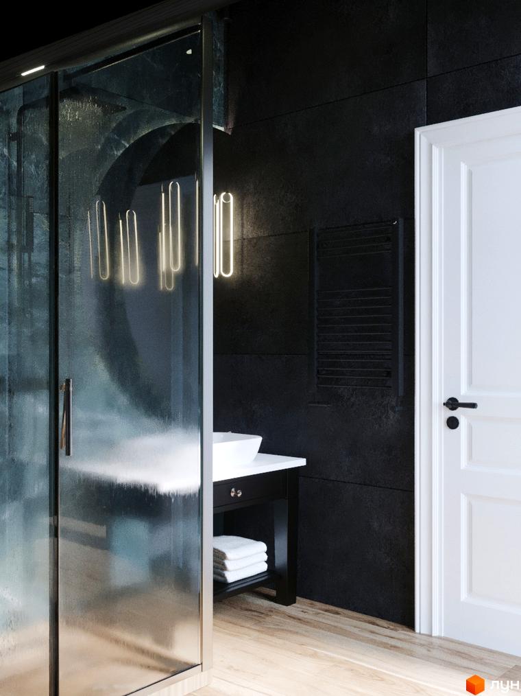 Дизайн ванної кімнати в новобудові КМ GORDO RESIDENCE з душовою кабіною та білою дверима. Сучасна сантехніка та оздоблення створюють комфортний простір.