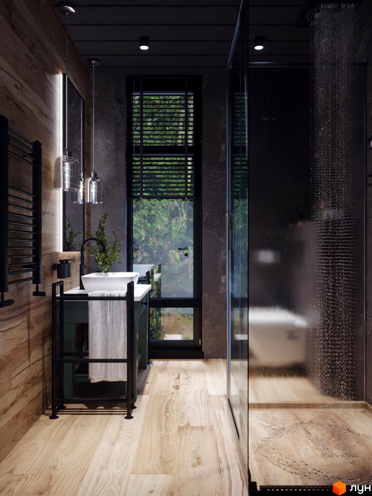 Дизайн ванної кімнати в новобудові КМ GORDO RESIDENCE з дерев'яними акцентами та душовою кабіною. Сучасний інтер'єр ванної кімнати з раковиною та дзеркалом.