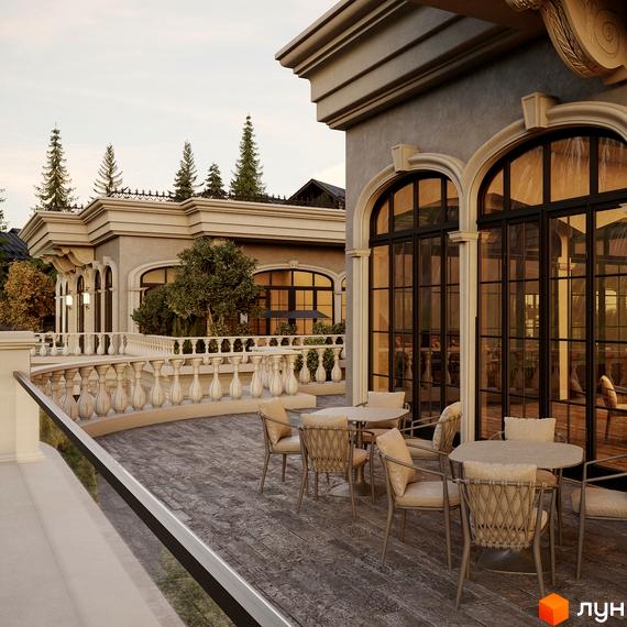 Котеджне містечко КМ GORDO RESIDENCE з вишуканим фасадом та просторою терасою з меблями. Навколо зелені насадження та дерева.