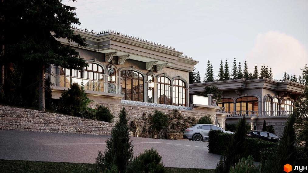 Котеджне містечко GORDO RESIDENCE з елегантною архітектурою та доглянутою прибудинковою територією з деревами та автомобілями.