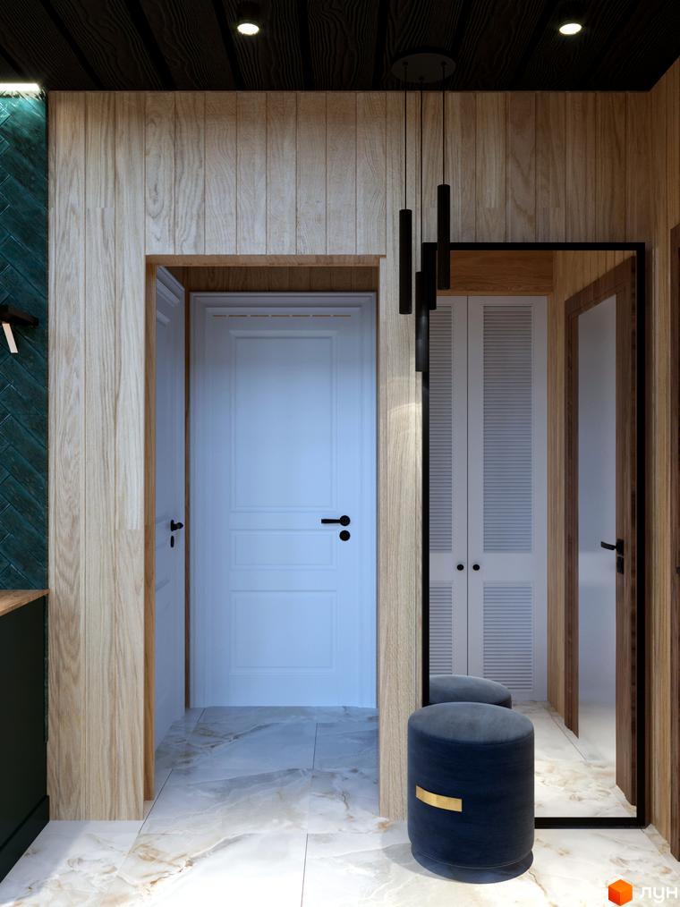 Інтер'єр передпокою в КМ GORDO RESIDENCE з дерев'яними панелями, дверима та дзеркалом. Стильні світильники та оббитий пуф.