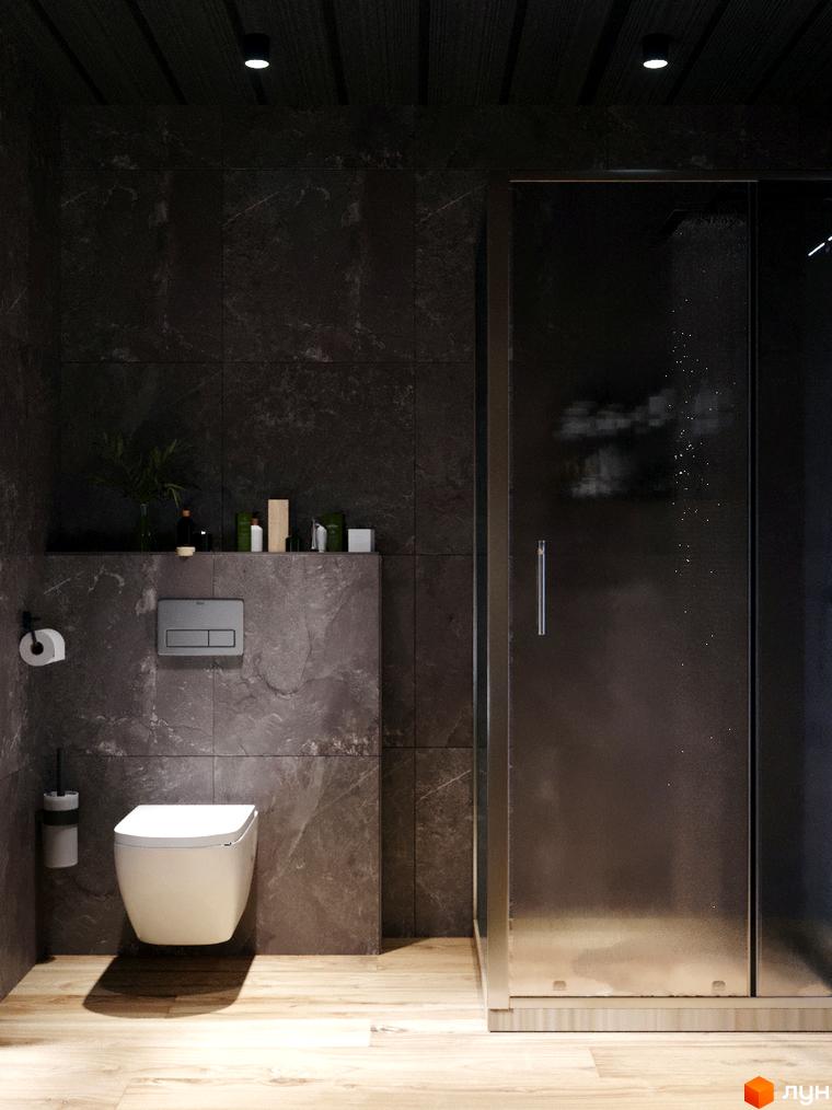 Сучасний дизайн ванної кімнати в будинку КМ GORDO RESIDENCE з підвісним унітазом та душовою кабіною.
