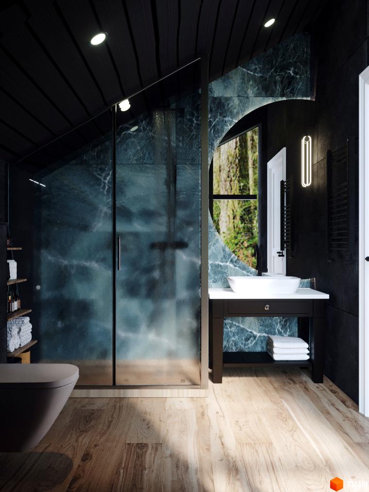 Сучасний дизайн ванної кімнати в житловому комплексі КМ GORDO RESIDENCE з душовою кабіною та раковиною.