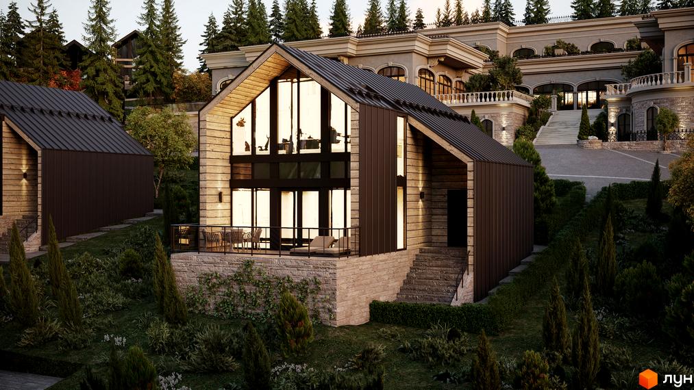 Котеджне містечко GORDO RESIDENCE з дерев'яним фасадом та великими вікнами, оточене мальовничим ландшафтом з ялинами та кущами.