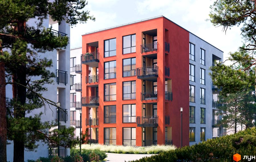 Житловий комплекс Грінвуд-3: багатоповерхові будинки з червоними та світлими фасадами, балконами. Прибудинкова територія озеленена деревами та кущами.