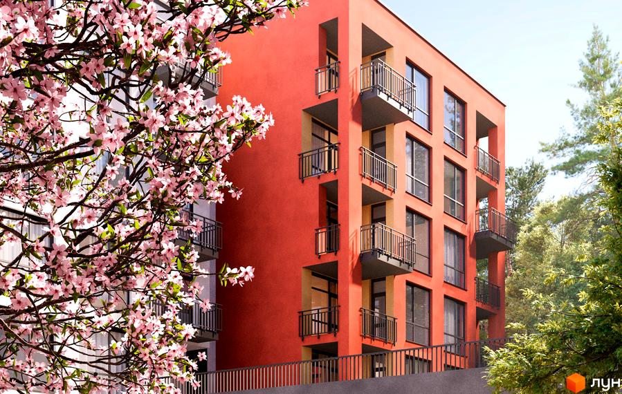 Будівля Житлового комплексу Грінвуд-3 з помаранчевим фасадом та балконами. На передньому плані квітучі дерева, а поруч зелена зона.