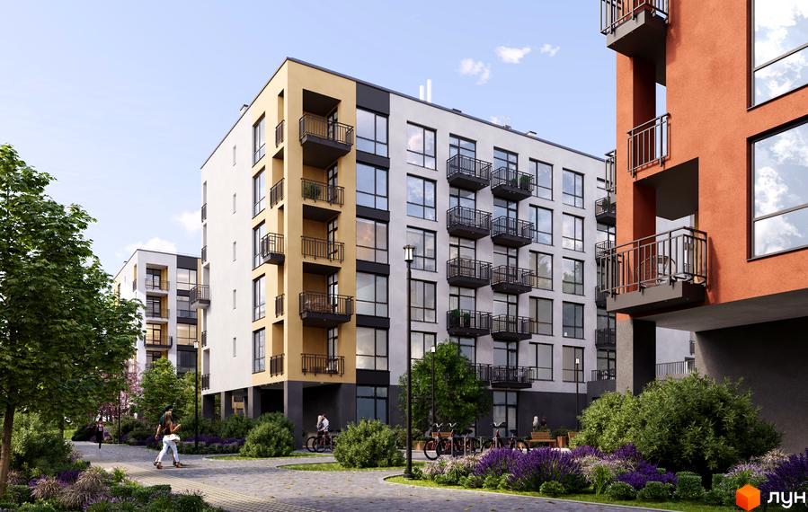 Житловий комплекс Грінвуд-3. Сучасна архітектура з балконами та великими вікнами, зелена прибудинкова територія з ландшафтним дизайном.