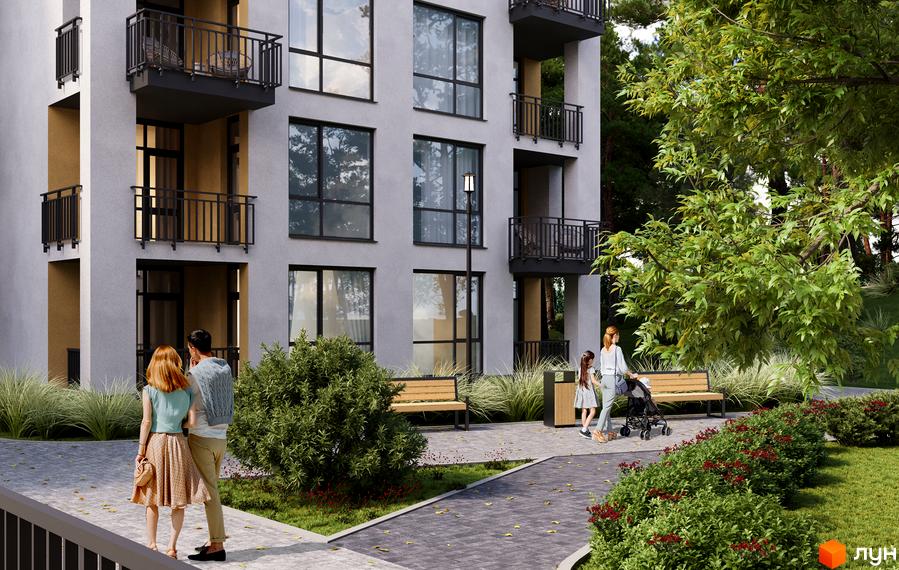 Житловий комплекс Грінвуд-3. Фасад будинку з балконами та великими вікнами. Поруч доглянута прибудинкова територія з деревами та місцями для відпочинку.