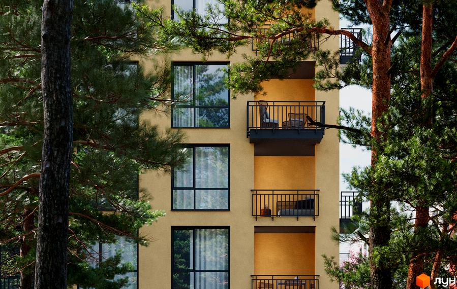 Житловий комплекс Грінвуд-3 з багатоповерховим будинком світлого кольору, чорними вікнами та балконами. Навколо видно густі сосни.