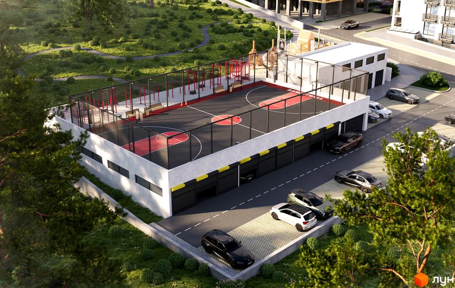 Житловий комплекс Грінвуд-3: будівля з гаражами на першому рівні та баскетбольним майданчиком на даху. Прибудинкова територія має зелені насадження та паркінг.