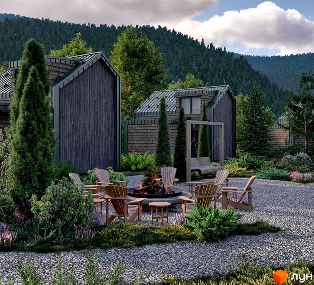 Котеджне містечко TYSHA з темними дерев'яними фасадами та зеленими дахами, оточене хвойними деревами. На прибудинковій території розташований басейн з вогнищем та дерев'яні крісла.