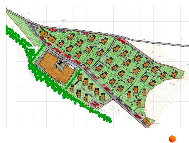 Планування котеджного містечка КМ GORDO RESIDENCE з однотипними будинками та прибудинковою територією, що включає зелені насадження та дороги.