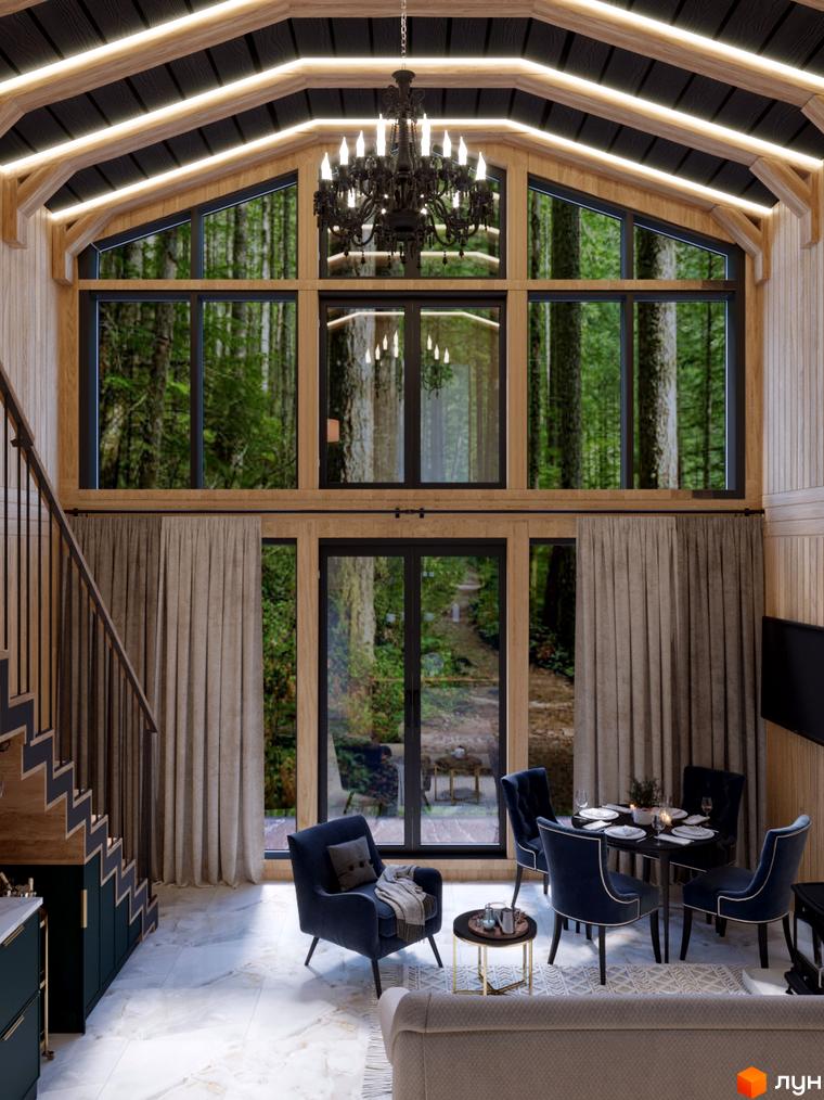 Інтер'єр будинку в КМ GORDO RESIDENCE з великими вікнами, що виходять на ліс. Затишна вітальня з каміном та обідньою зоною.