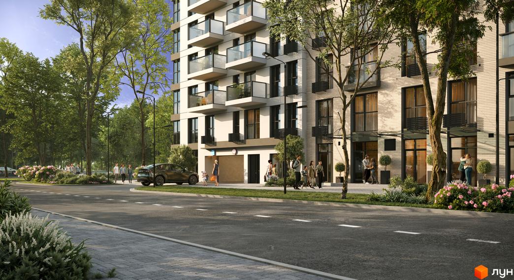 Житловий комплекс Sense City з фасадами з цегли та великими балконами. Навколо комплексу зелена зона з деревами та квітами, а також дорога з пішохідною зоною.