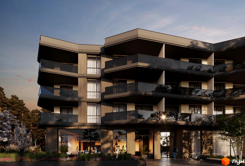 Житловий комплекс Stone Space. Зовнішній вигляд будинку з балконами та великими вікнами, на тлі дерев та неба. Прибудинкова територія з рослинністю та місцем для відпочинку.