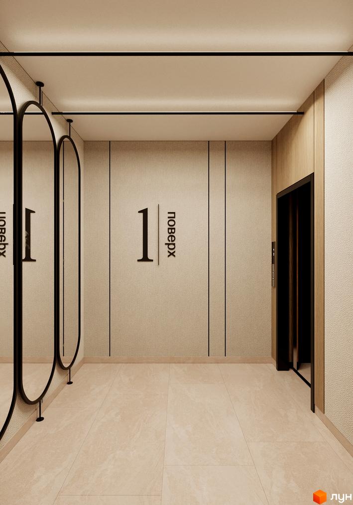 Сучасний дизайн холу новобудови ЖК Мрія з дзеркалами та ліфтом. Стильні елементи інтер'єру для комфортного проживання.