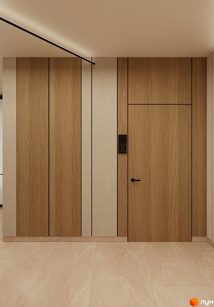 Сучасний дизайн дверей та оздоблення стін у ЖК Мрія. Підлога з світлої плитки.