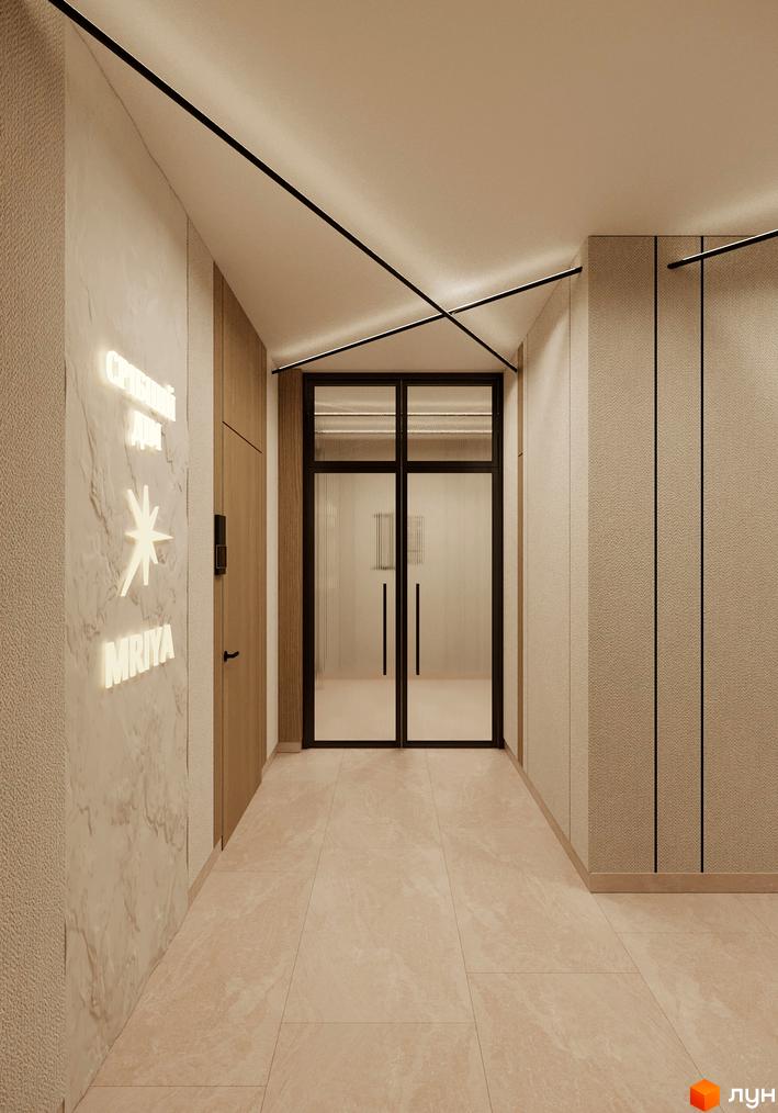 Сучасний вхід у житловий комплекс Мрія з мармуровою стіною та неоновим логотипом. Оздоблення стін та підлоги виконано в світлих тонах.