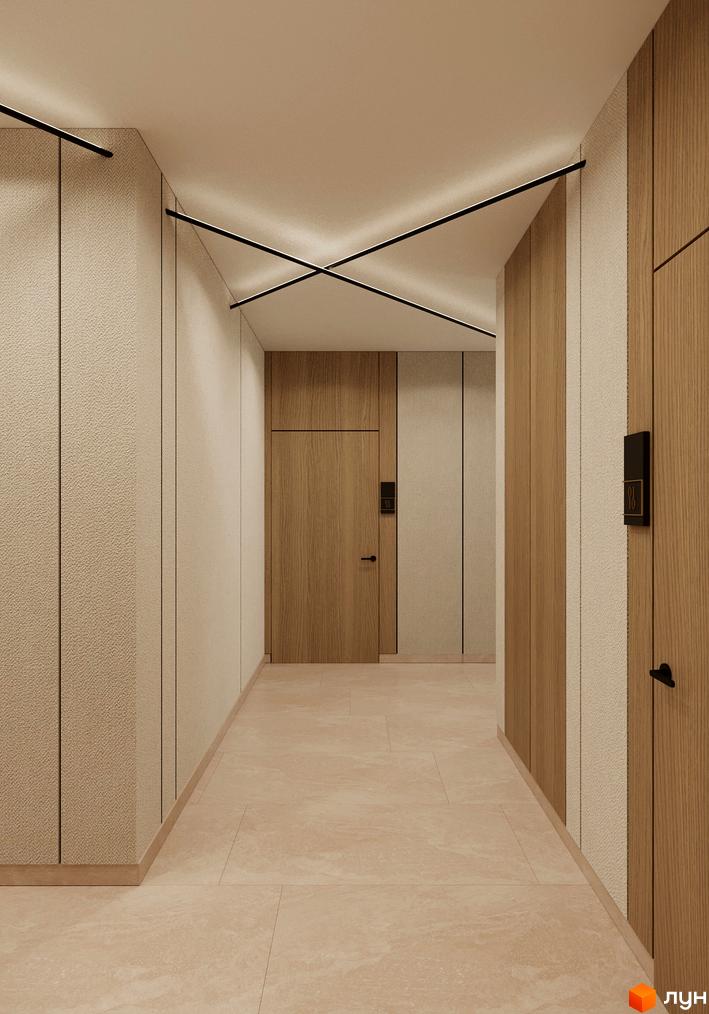 Дизайн коридору новобудови ЖК Мрія з дерев'яними панелями та текстурними стінами. Сучасне освітлення створює затишну атмосферу.