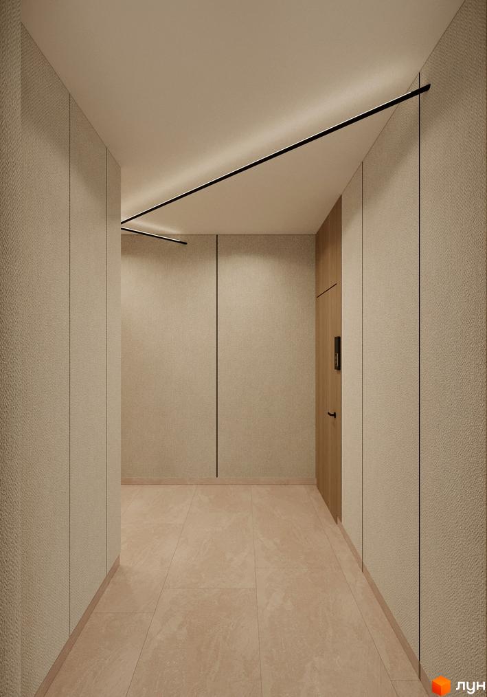 Інтер'єр коридору новобудови ЖК Мрія з оздобленням стін під текстуру та підлогою з мармурової плитки. Елегантне освітлення створює затишну атмосферу.
