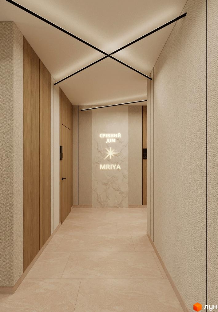 Сучасний коридор житлового комплексу Мрія з дерев'яними панелями та мармуровою стіною. Освещение стелі додає простору та елегантності.