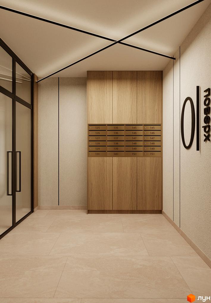 Сучасний дизайн вхідної групи житлового комплексу Мрія з дерев'яними елементами та поштовими скриньками.