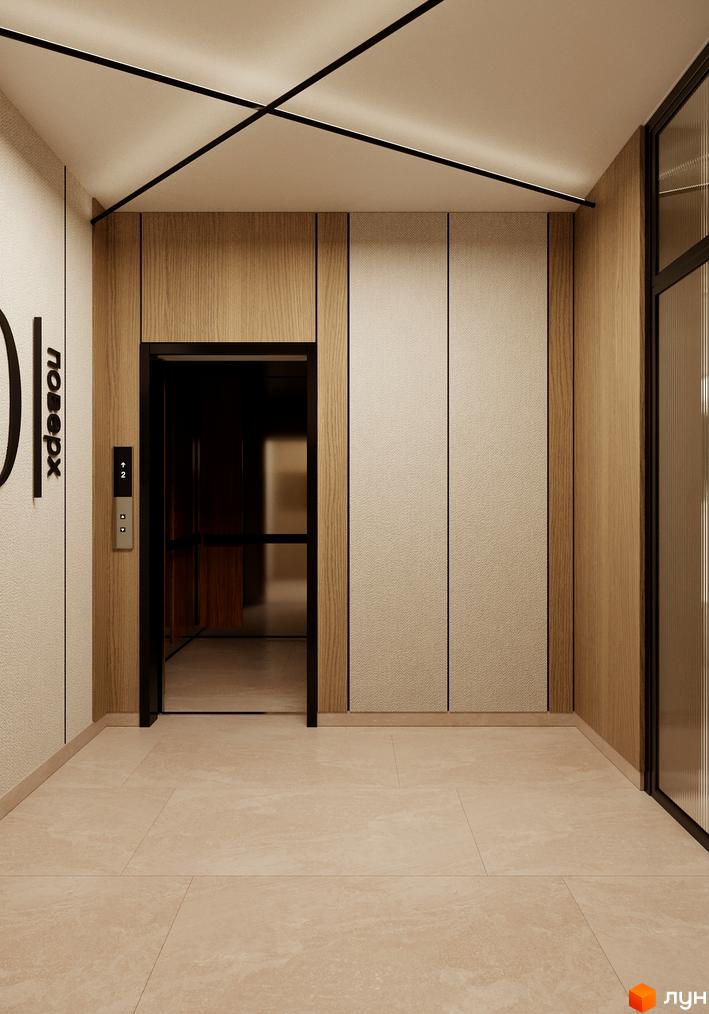 Елегантний хол з ліфтом у новобудові Мрія, оздоблений дерев'яними панелями та світлими стінами.