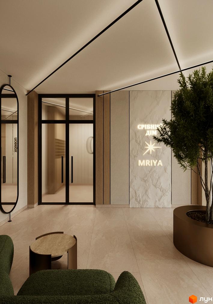 Сучасний вхід до житлового комплексу Мрія з елегантним дизайном та озелененням. Оцініть комфорт та стиль новобудови.