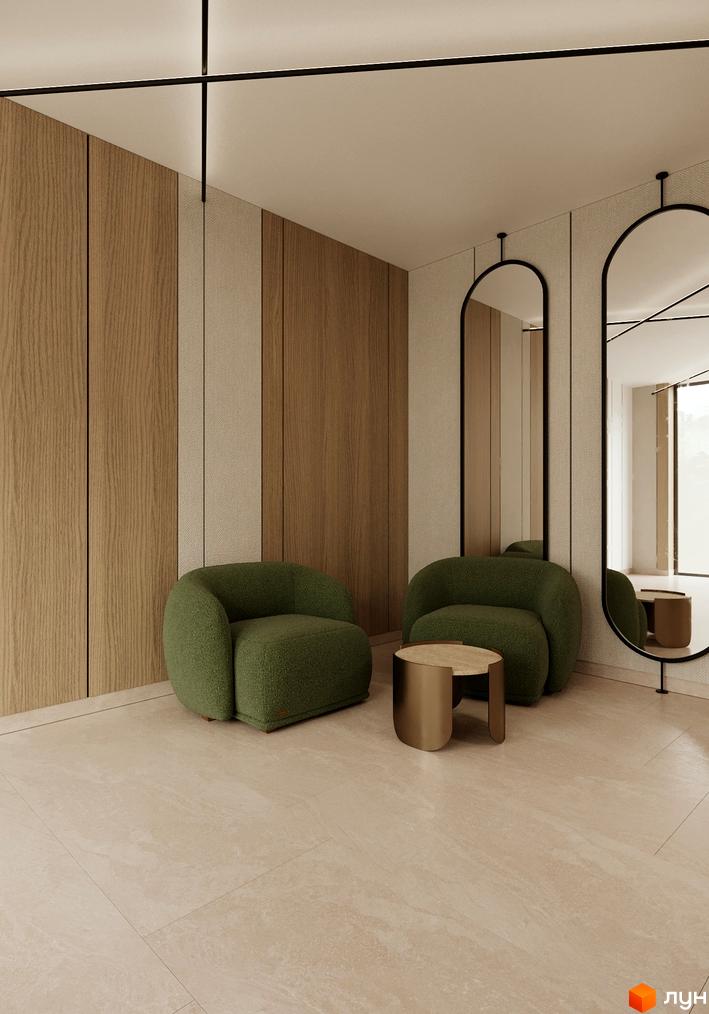 Сучасний дизайн інтер'єру з дерев'яними панелями та зеленими кріслами. Затишна вітальня з великими дзеркалами.