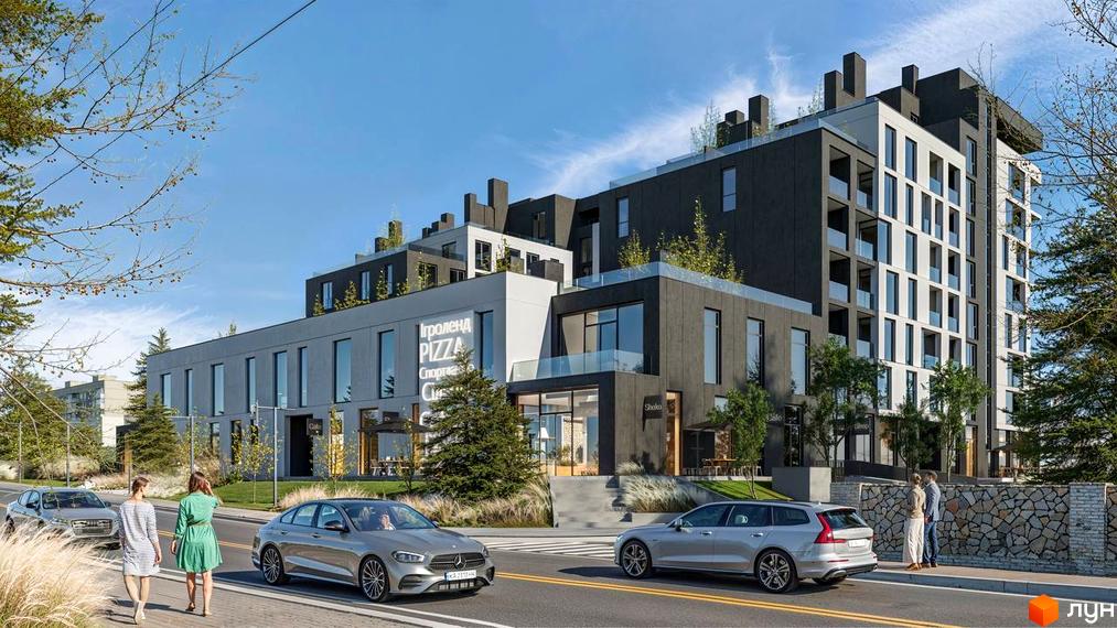 Новобудова ЖК Мрія з панорамними вікнами та терасами, розташована біля дороги з деревами та пішохідною зоною.