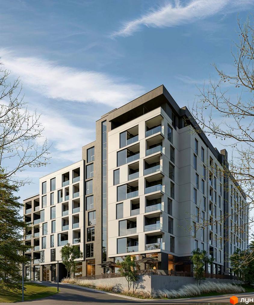 Зовнішній вигляд житлового комплексу Мрія з численними балконами та панорамними вікнами на тлі блакитного неба. Навколо новобудови розташовані дерева та зелена зона.