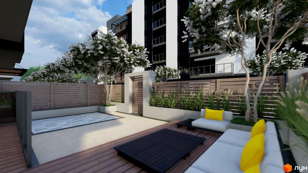 Житловий комплекс PALMIRA CITY з білими фасадами та темними вікнами, з балконами та зеленими деревами. Прибудинкова територія з терасою, диванами та низькими столиками.