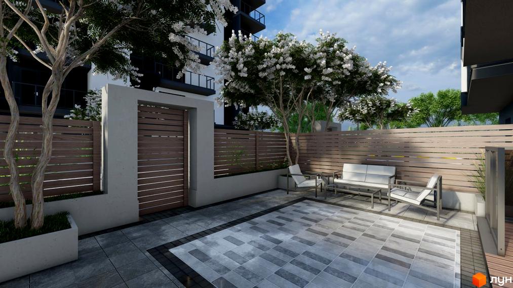 Зовнішній вигляд житлового комплексу PALMIRA CITY з прибудинковою територією, що включає зону відпочинку з меблями та огородженням.