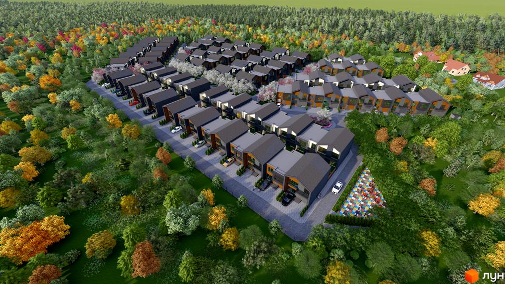 Котеджне містечко КМ ЛісоПаркове з сучасними будинками та зеленою прибудинковою територією. На зображенні видно ряди будинків з темними дахами та фасадами, оточених деревами з осіннім листям.