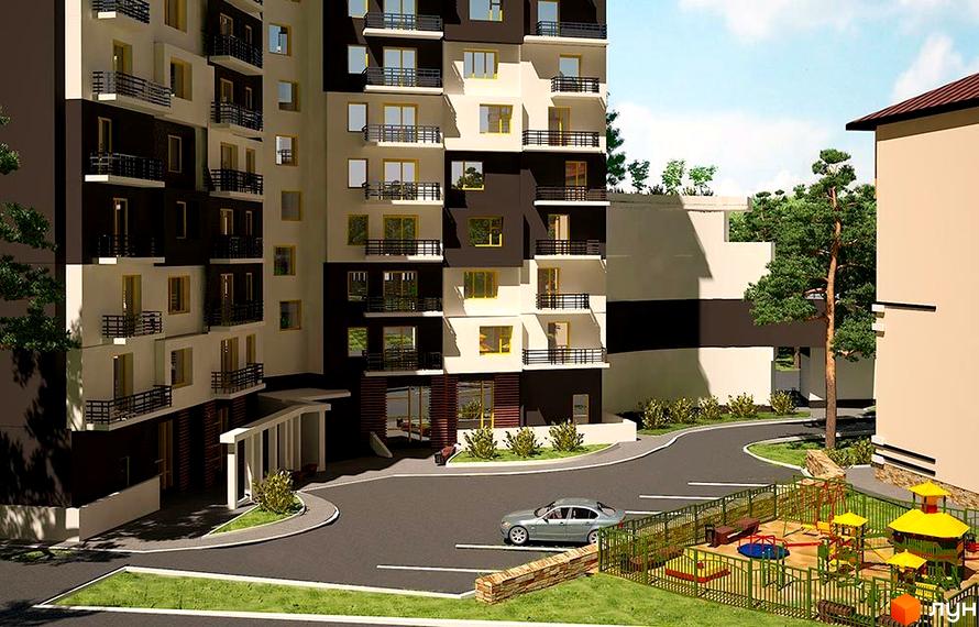 Зображення фасаду та прибудинкової території Житлового комплексу Квітневий Преміум. Багатоповерховий будинок з балконами, дитячий майданчик та парковка.