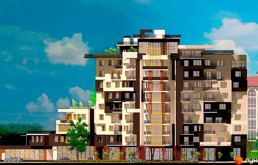 Зображення фасаду Житлового комплексу Квітневий Преміум. Багатоповерхова будівля з великими вікнами та балконами, навколо зелені насадження.