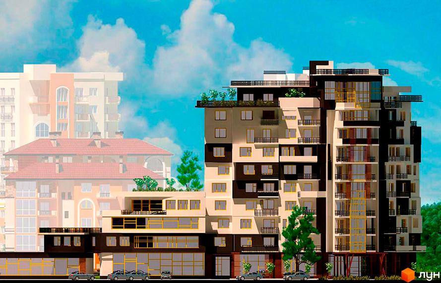 Зображення фасаду та прибудинкової території Житлового комплексу Квітневий Преміум. Багатоповерховий будинок з великими вікнами та балконами.