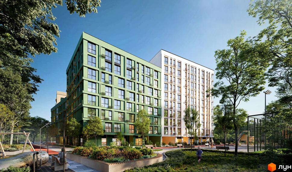 Будівельний проєкт ORLAN RESIDENTS – це два багатоповерхові будинки, один з яких має зелений фасад, а інший – білий. На прибудинковій території розташовані дитячі майданчики та зелені зони.
