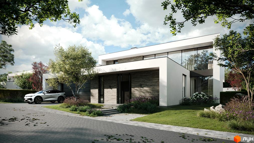 Котеджне містечко NAVARIA LUX з білою фасадною частиною та великими вікнами. Прибудинкова територія з доглянутим газоном, деревами та квітами.