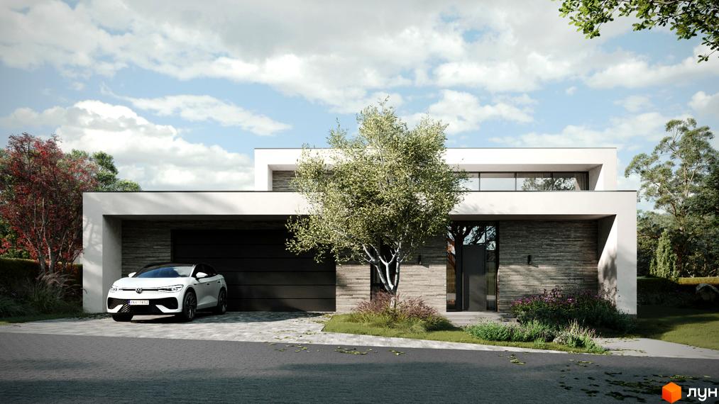 Котеджне містечко NAVARIA LUX: будинок з білим фасадом, кам'яною обробкою, гаражем та деревом на доглянутій ділянці.