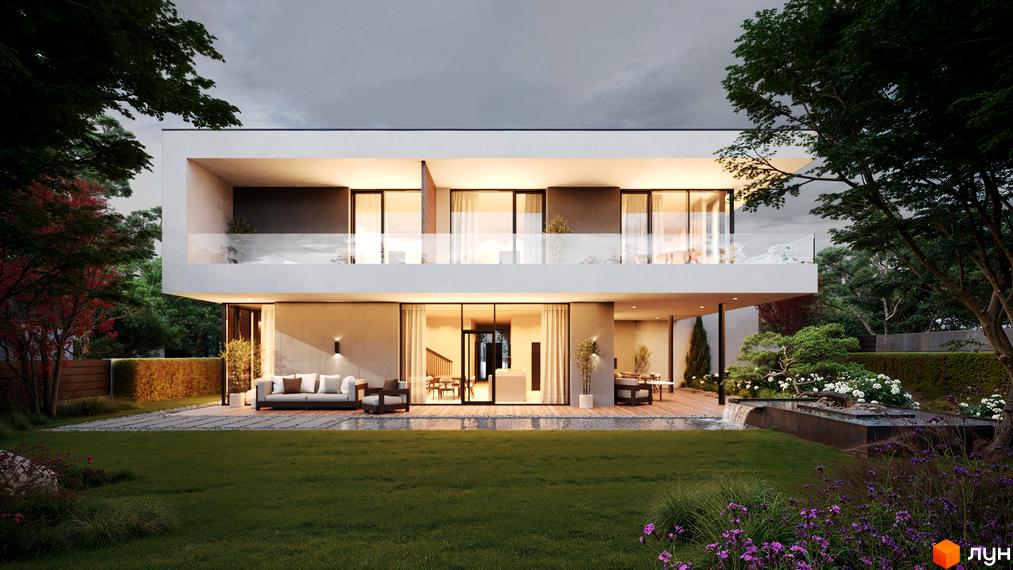 Котеджне містечко NAVARIA LUX. Двоповерховий будинок з великими вікнами та балконами, оточений доглянутим садом з водоймою та квітами.