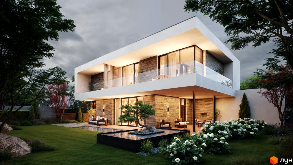 Котеджне містечко NAVARIA LUX з двома поверхами, великими вікнами та терасою. Навколо будинку доглянутий сад з газоном, водоймою та квітами.