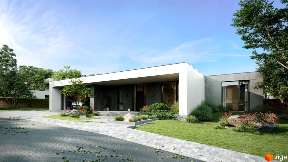 Котеджне містечко KМ NAVARIA LUX. Будинок з білою навісною покрівлею та сірими фасадами, з великими вікнами та прибудинковою територією з газоном та деревами.