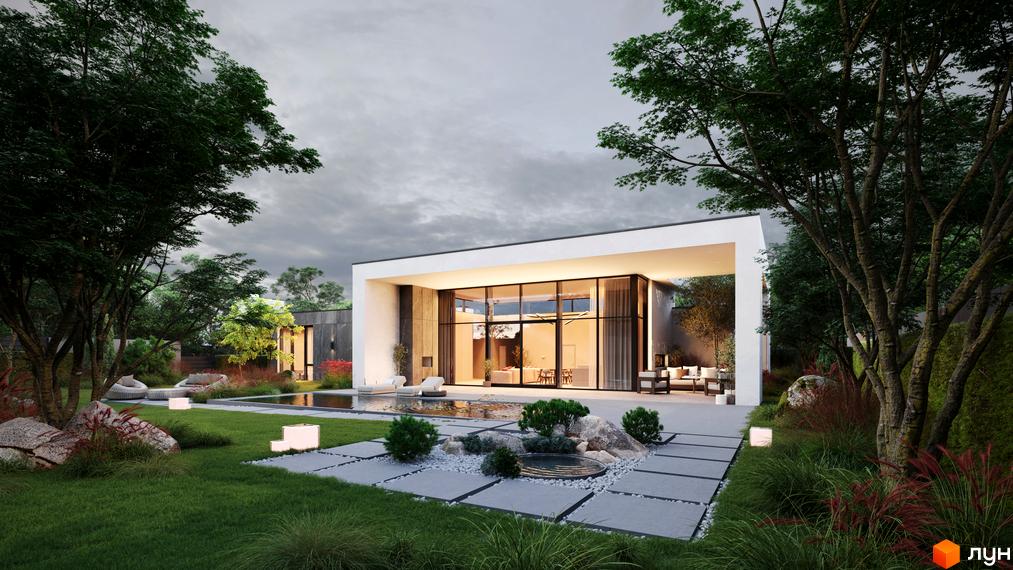 Котеджне містечко NAVARIA LUX з панорамними вікнами та сучасною архітектурою на тлі зеленого ландшафту з басейном та зоною відпочинку.